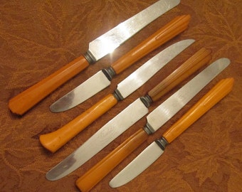 Butterscotch Bakelite Flatware - Six Assorted Bakelite Flatware Knives