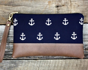 Nautical Navy Blue Clutch with White Anchors