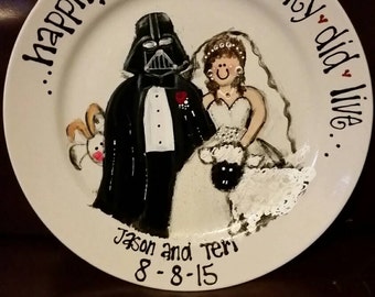 unique one of a kind hand painted wedding plate of a bride and groom free personalization