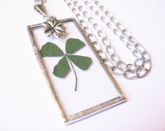 four leaf clover necklace - 4 leaf clover necklace - real clover necklace - silver four leaf clover necklace - long necklace