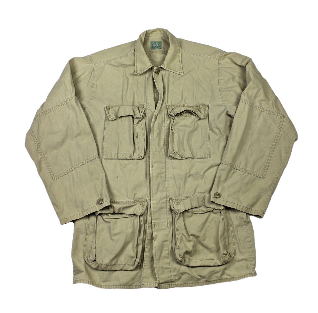 Vintage Tan Military 4 Pocket Button Up Shirt Mens Size Medium