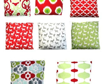 SALE TWO Holiday Pillow Covers, Christmas Pillow, Christmas Decor, Red Green Holiday Pillows, Deer Holiday Pillows, Decorative Throw Pillows