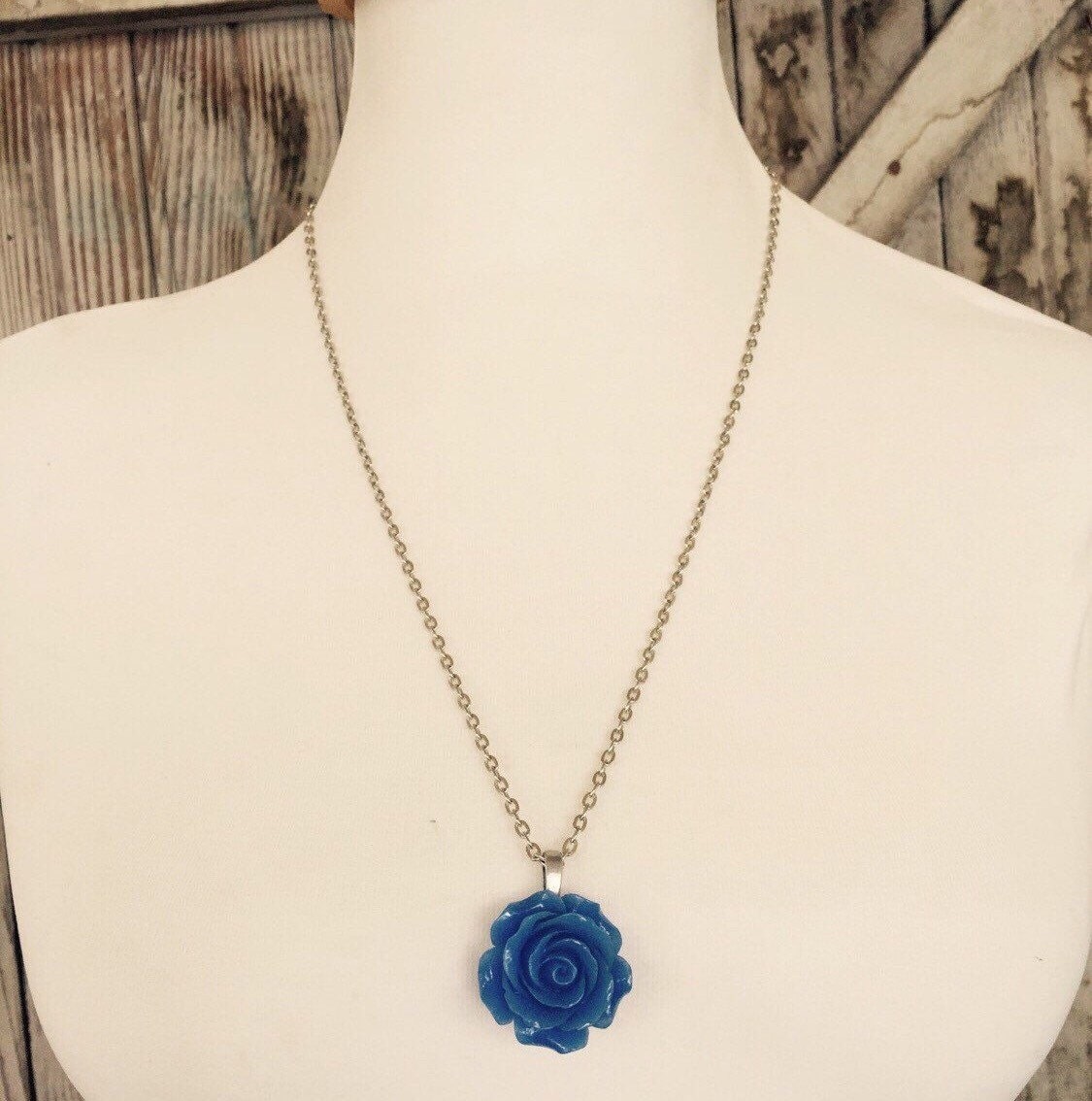 Royal Blue Rose Necklace Feminine Statement Pendant
