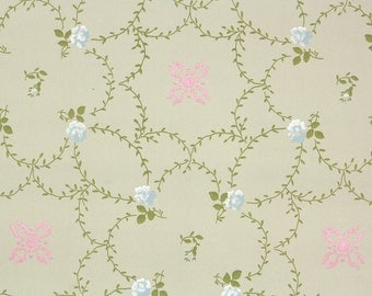 1900s Vintage Wallpaper by the Yard - Antique Floral Wallpaper Blue Roses Pink Geometric