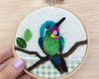 White Ear Hummingbird on a Branch Needle Felted Embroidery Hoop Art by Val's Art Studio