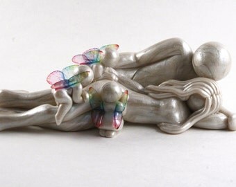 Triplet Memorial Sculpture - mom, dad and three angels for triplets or multiple losses - made to order with your choice of wings
