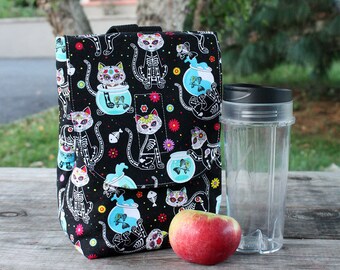 Insulated Lunch Bag Lunch Tote Kitty Day of the Dead Skelekitty Made To Order