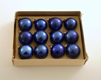 Vintage Christmas Glass Ornaments Box Cobalt Blue Feather Tree