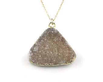 Beige Lavender Neutral Freeform Druzy Agate Silver Lined Pendant Necklace