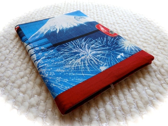 Mt. Fuji Notebook, Japanese Fireworks Fabric Notebook Cover, Japan Patchwork Fabric Covered B6 Retro Notebook, Red, White, and Blue Summer