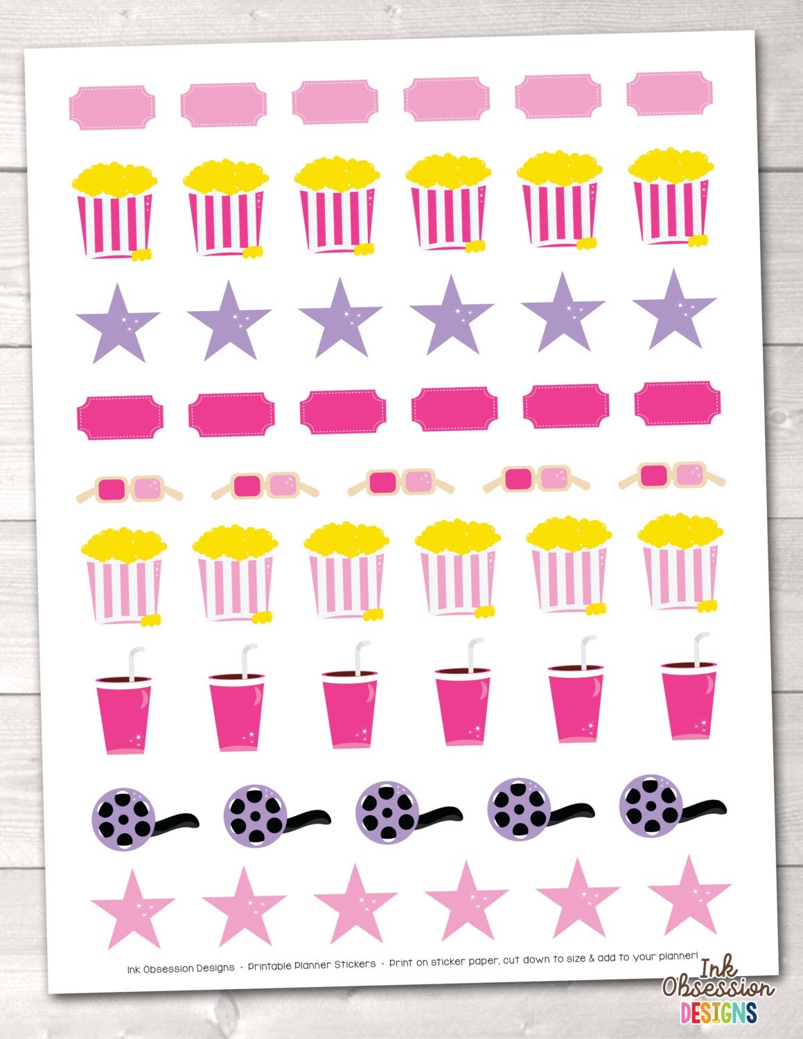 movie night printable planner stickers instant download pdf