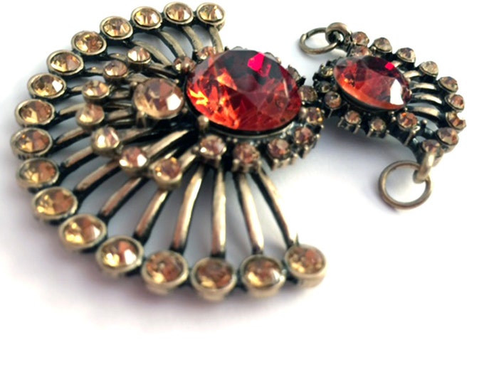 Art Deco Burnished Gold-tone Fan Like Pendant Double Link Orange orDeep Amber Rhinestones