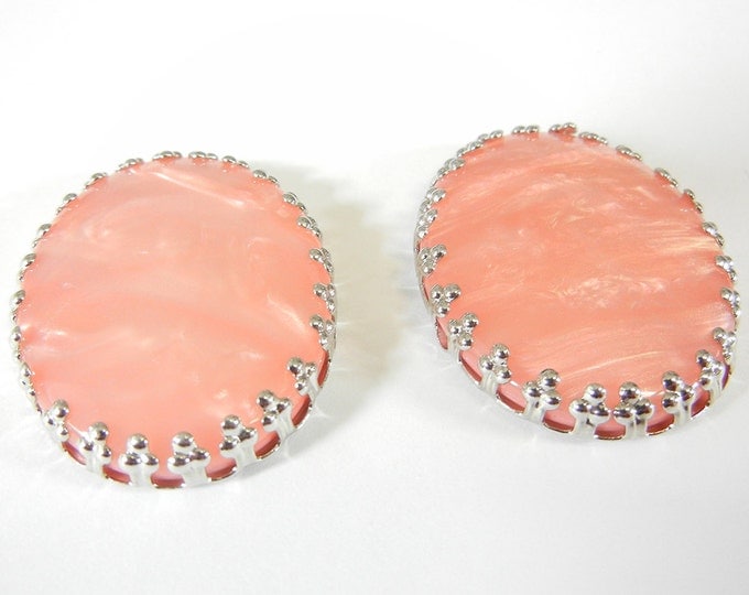 Pair of Oval Acrylic Peach Shell Slide Charms with Decorative Silver-tone Edge