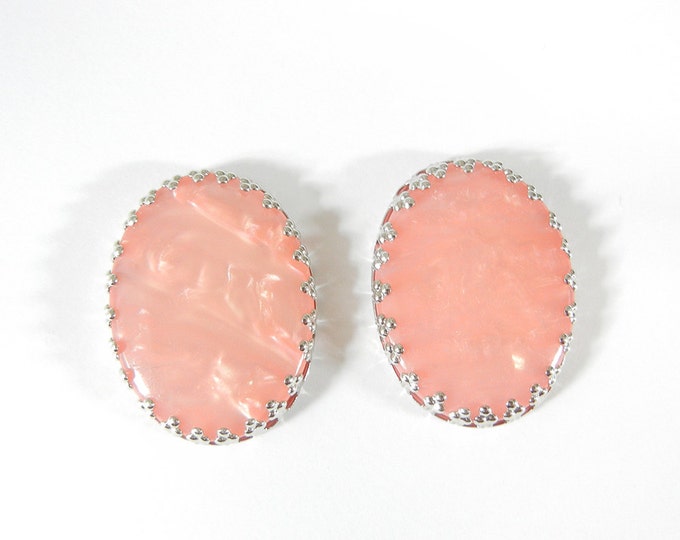 Pair of Oval Acrylic Peach Shell Slide Charms with Decorative Silver-tone Edge