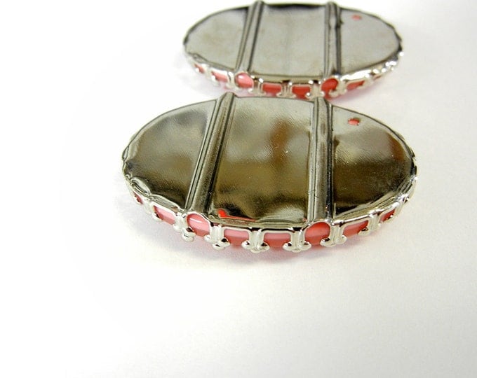 Pair of Oval Acrylic Peach Shell Slide Charms with Decorative Silver-tone Edge