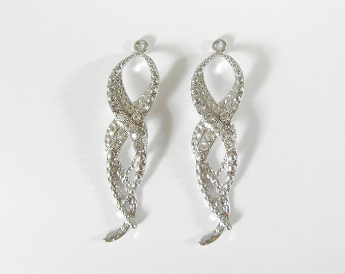 Pair of Curvy Silver-tone Textured Drop Charms Rhinestones