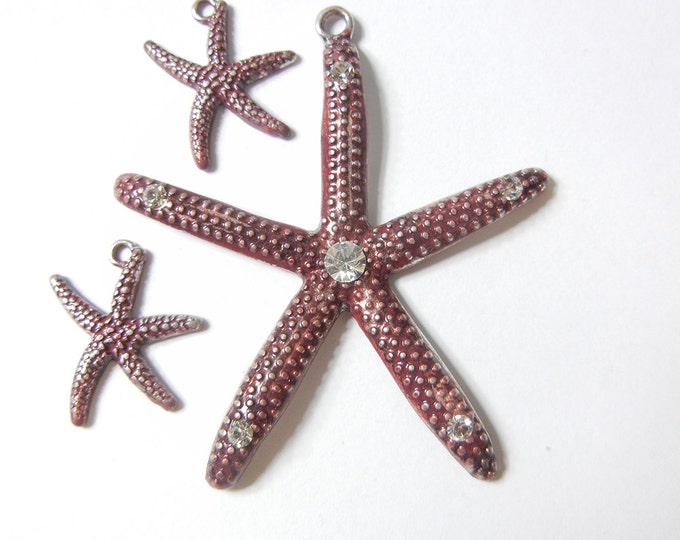 Set of Deep Red Brown Starfish Pendant and Charms Rhinestone Accents