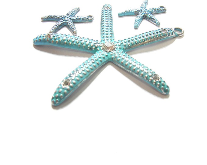 Set of Turquoise Blue Starfish Pendant and Charms Rhinestone Accents