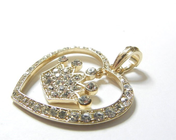 Heart with Linked Crown Pendant Gold-tone Rhinestones