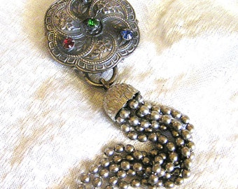 Vintage Victorian Repoussé Scarf Slide with Green, Red, Purple, and Blue Rhinestones and Ball Chain Tassel Dangle About 5 Inches Long (J2)