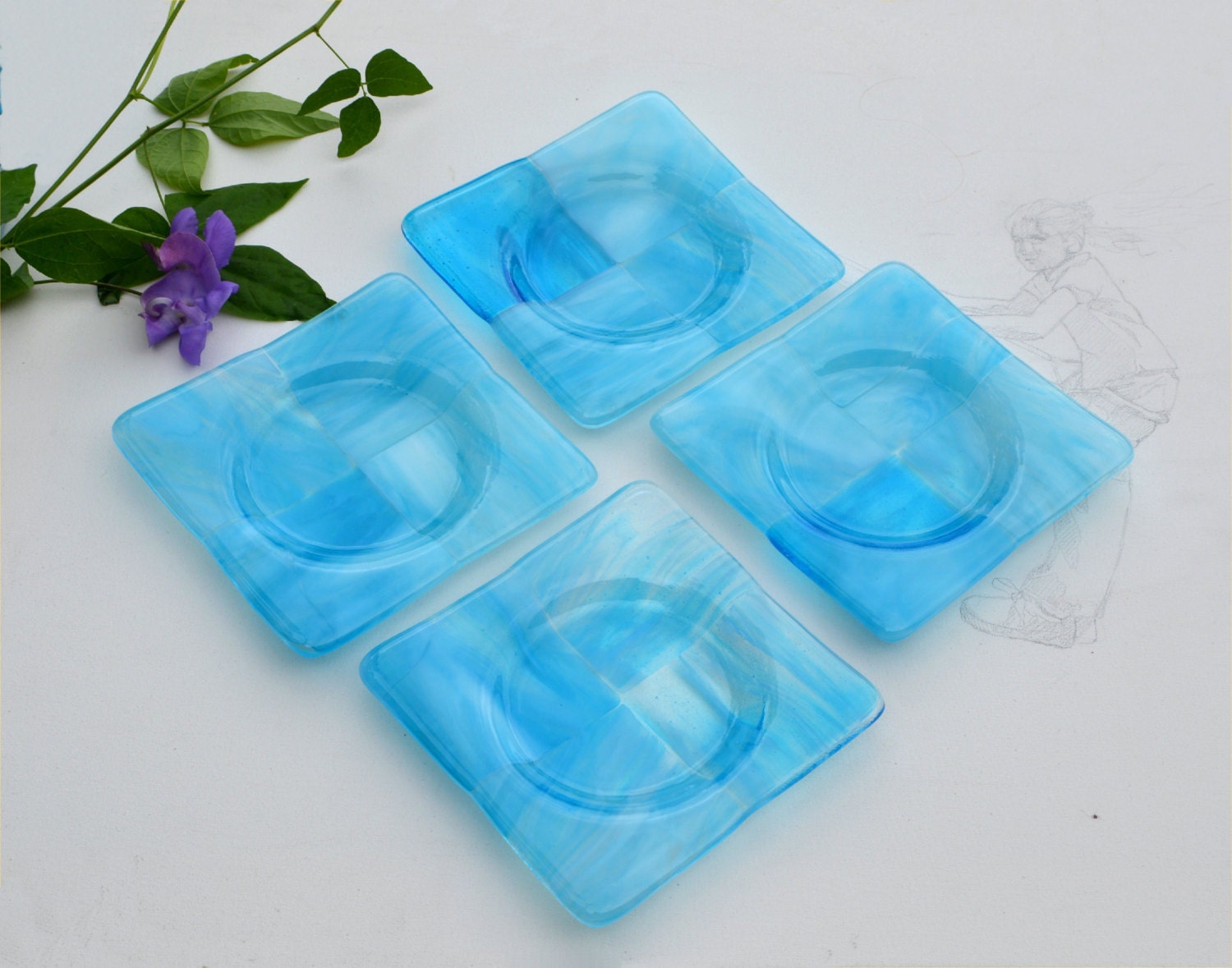 Blue fused glass square coasters set of 4 by caroline4art on Etsy