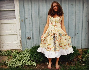 Med. Butterfly Country Upcycled Shirtdress Cotton Sundress// Spring Summer// emmevielle