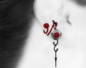 Crystal Steampunk Ear cuff w/ Red Swarovski Crystals, No Piercing Needed, Crystal Cuff, Cartilage Earring, Steampunk Jewelry, Psykhe III v3