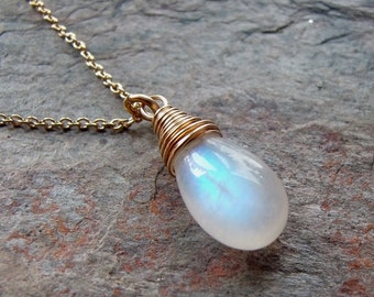 Rainbow Moonstone Gold Filled Pendant Necklace