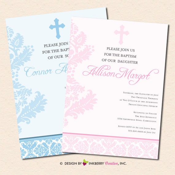 Darling Damask Baptism Invitation (Digital File OR Cardstock Printed Cards Also Available) Il_570xn