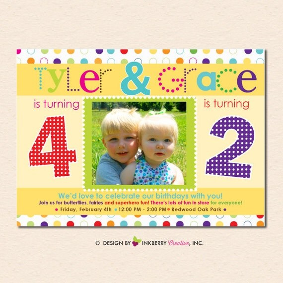 Double Dots - Sibling or Friend Combo Birthday Party Invitation (Digital File OR Cardstock Printed Cards Also Available) Il_570xn