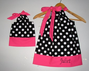dress Hot Pink black MONOGRAMMED dress matching America Girl Doll 3, 6, 9 12,18 month 2t,3t,4t, 5t,6,7,8,9,10,12