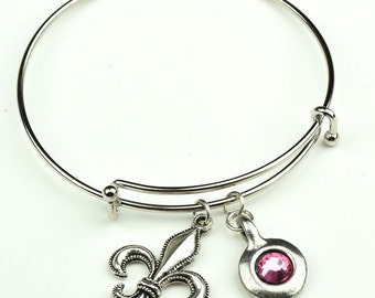 Charm Bracelet with Flur De Lis Charm and Birthstone setting, each