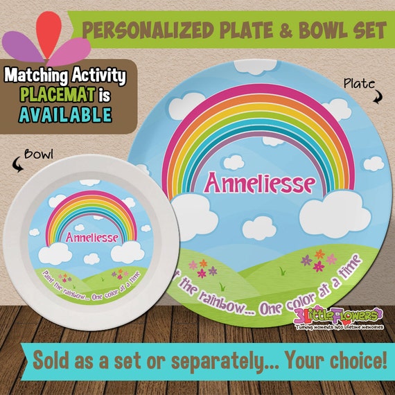Personalized Rainbow Plate and Bowl Set by 3littleflowers on Etsy