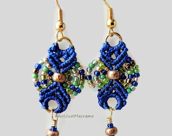 Small Green, Blue and Gold Colored Beaded Macrame Earrings MicroMacrame