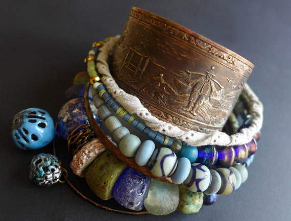 Underwater Tribute. Tribal gypsy bangle stack in blues and greens.