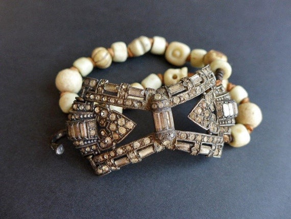 Hybrid Zone. Victorian tribal rustic assemblage bracelet with rhinestone buckle.