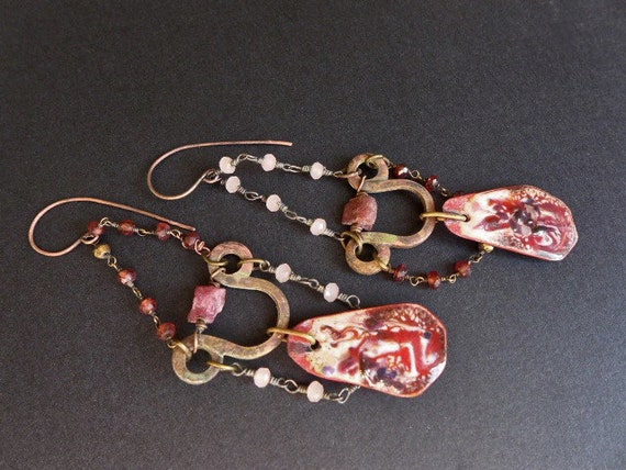 No Greater Agony. Rustic pink red earrings torch enamel, garnet, raw rubies.