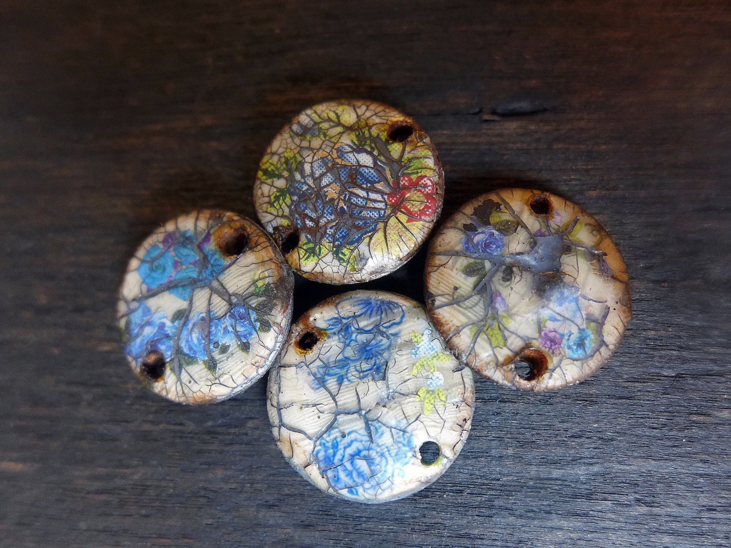 Rustic polymer clay connectors with mix blue rose decals and