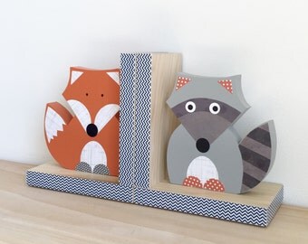 Forest Animal Bookends, Fox and Raccoon Bookends, Woodland Nursery, Children's Bookends, Forest Themed Nursery, Woodland Animal