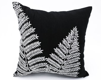 Black White Pillow Cover, Fern Throw Pillow Cover, Black Linen Pillow White Fern Embroidery, Floral Pillow Case, Modern Home Decor, Cushion