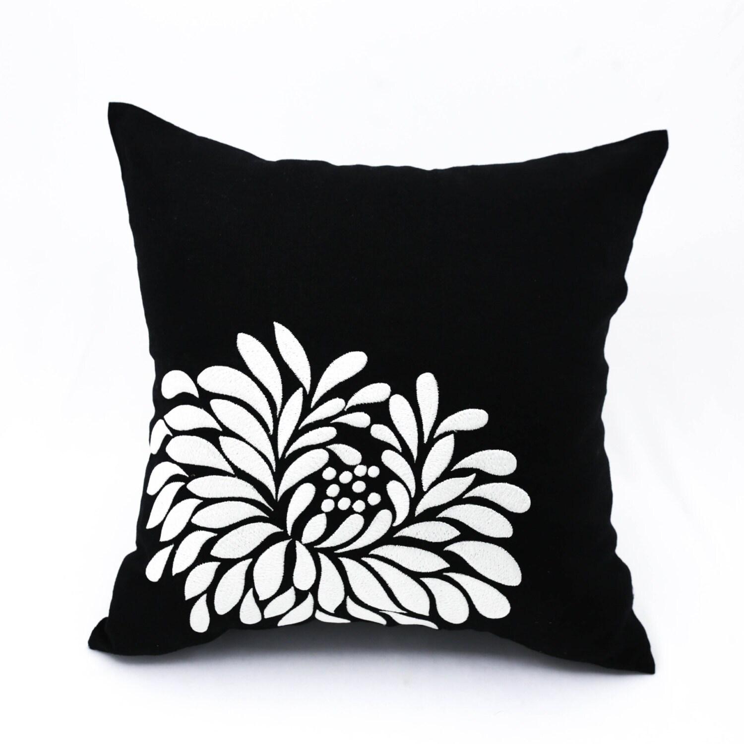 Gray Black Pillow Cover Black Linen Light Grey Flower by KainKain