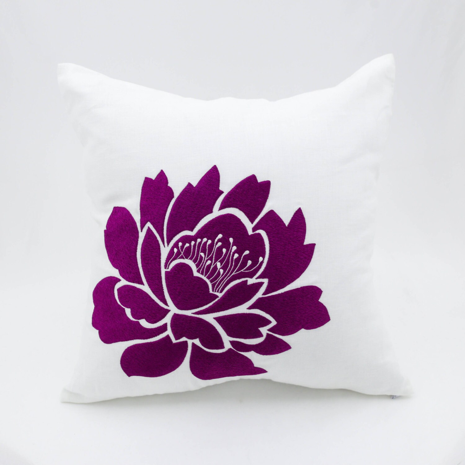 Purple Flower Pillow Cover White Linen Deep Purple Floral