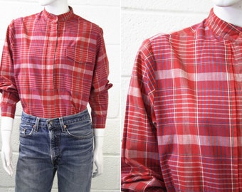 Woman's Vintage Red Tone Plaid Button Down Blouse