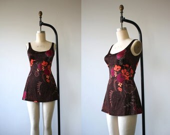 vintage 1960s bathing suit / 60s brown floral one piece swim suit / sirena swimsuit / 60s skirted swim wear / size medium large