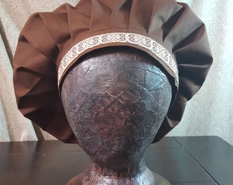 Chocolate Brown Muffin Hat With Jacquard Trim, Renaissance Costume, Floppy Hat, Mob Cap, Medieval Caul