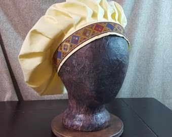 Muffin Hat Cap in Pale Lemon Yellow, Embroidered Jacquard Trim, Renaissance Costume, Mob Cap, Medieval Caul, Peasant Headwear, SCA LARP Garb