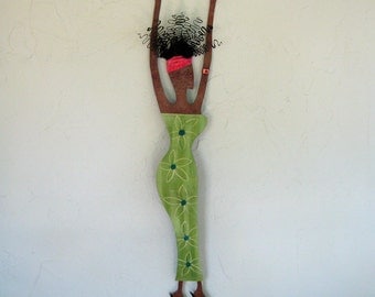 Metal Wall Sculpture African Art Recycled Metal Wall Hanging Lime Green Caribbean Art 5 x 25