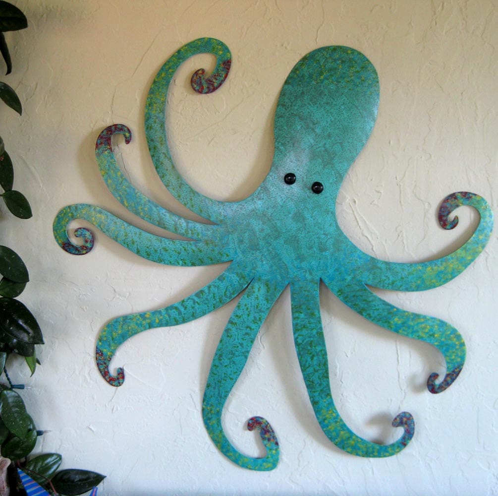 Large Metal Wall Art Octopus Teal Blue Custom Sculpture Ocean