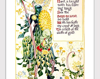 Nursery Decor, Floral Fantasy, Knight in Armor, Armour, Victorian Print, Wall Art, Nursery Cartoon, Cute Decor, Giclee Print, Storybook Art