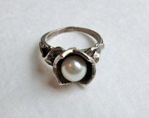Vintage Silver Pearl & Gem Modernist Band Ring SZ 7